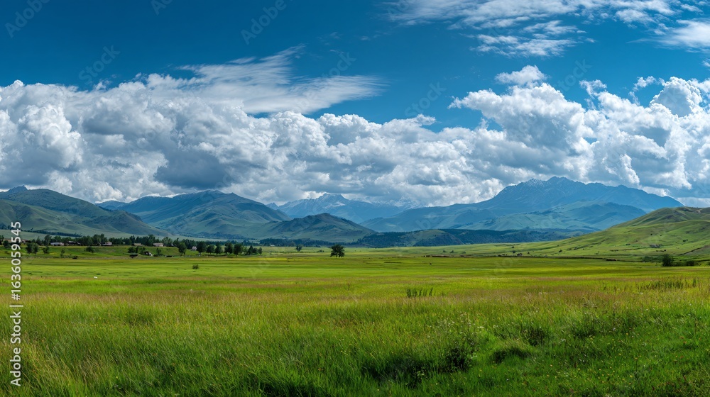 Fototapeta premium Sweeping Green Grass Field in Panoramic Natural Landscape