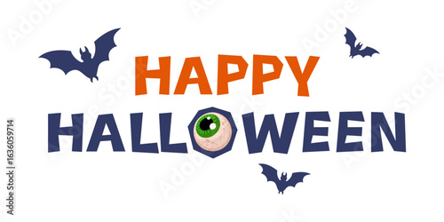 Happy Halloween lettering with bats and an eye instead of the letter "O" - perfect for greeting cards, t-shirts, mugs, posters, banners, packaging and other Halloween-themed holiday designs.