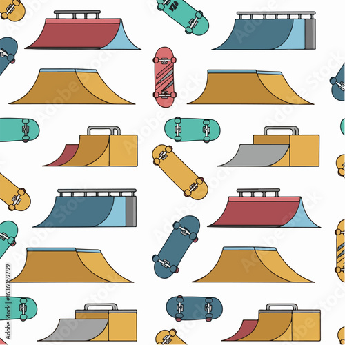 Seamless pattern of colorful skateboards and various skate park ramps illustration.