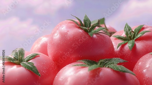 Vibrant Tomato Pile: A close-up perspective of a heap of ripe, rosy tomatoes, each one perfectly plump and glistening, their fresh green leaves a counterpoint to the delicious fruit.