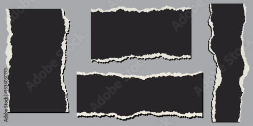 Set of torn and Ripped torn paper edges isolated on black background for text banner, mockups, textures, frame decoration