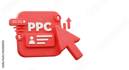 3d red ppc icon with cursor and upward arrow isolated on transparent background