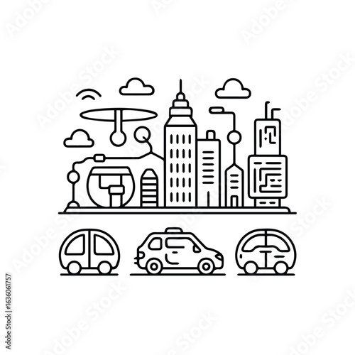 Linear illustration showing a futuristic city with cars and a drone in a minimalist style design