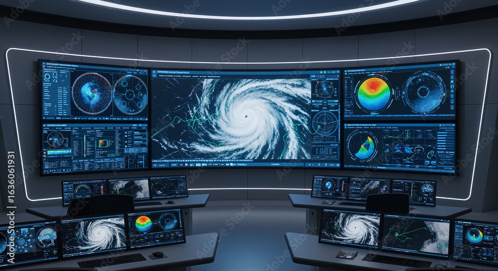 Fototapeta premium National Hurricane Center monitoring system displays hurricane tracking data on large screens.