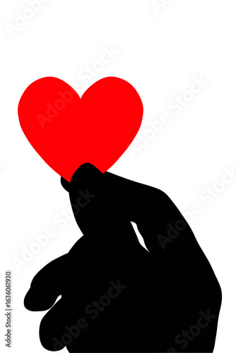 A silhouetted hand delicately holds a vibrant red heart, symbolizing love, affection, and a personal touch against white.