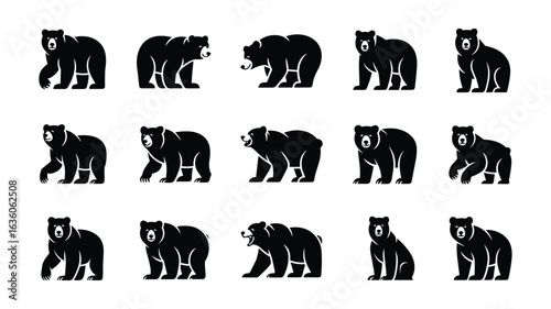 Fifteen Black Bear Silhouettes in Different Poses on White Background animal wildlife