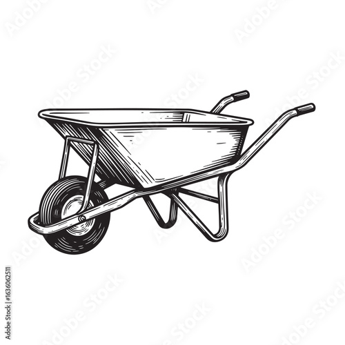 Hand drawn illustration of a classic wheelbarrow on a white background vintage gardening tool