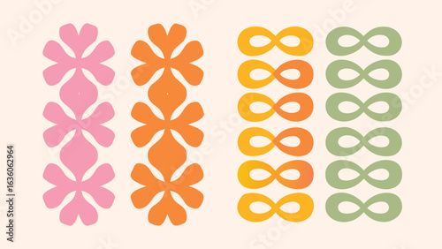 Retro pattern with stacked floral shapes and infinity symbols in pink orange yellow and green hues