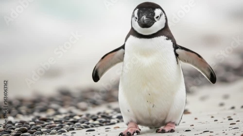 Penguin walking on sandy beach with pebbles	