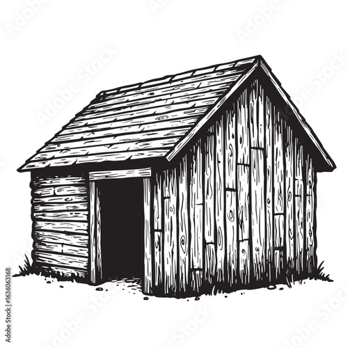 Hand drawn illustration of a rustic wooden shed with an open door isolated on white