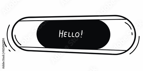 Hand drawn speech bubble with the word hello inside a black oval shape on a white background with motion lines