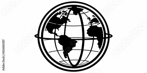 Stylized world globe with continents and longitudinal lines encased in double circle border design