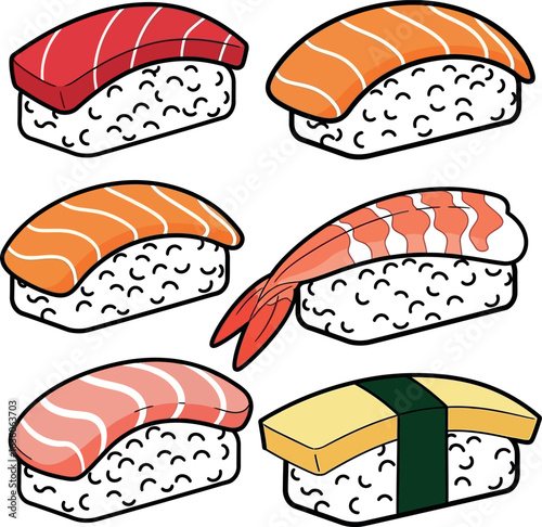 Assorted Nigiri Sushi Salmon Shrimp and Egg Toppings with Rice.