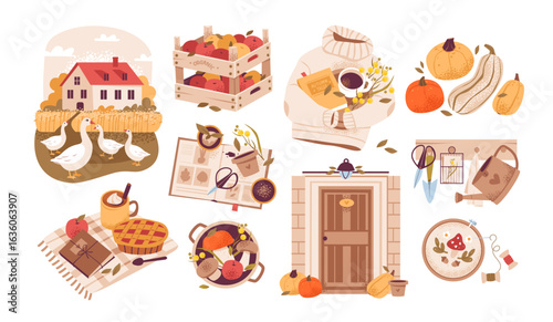 Autumn harvest scene with pumpkins, apples, and cozy picnic. Rural landscape with cozy farm scene and autumn gardening elements. Flat vector illustration.