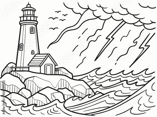 Lighthouse on Rocky Coast During Stormy Weather Black and White Illustration