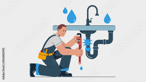 plumber with a wrench fixing a leaky pipe under a sink vector illustration