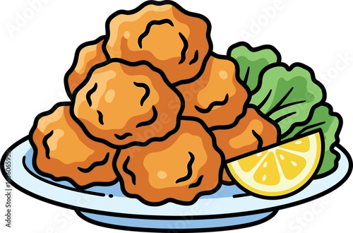Crispy Fried Chicken Nuggets Golden Brown Served with Lemon and Lettuce.