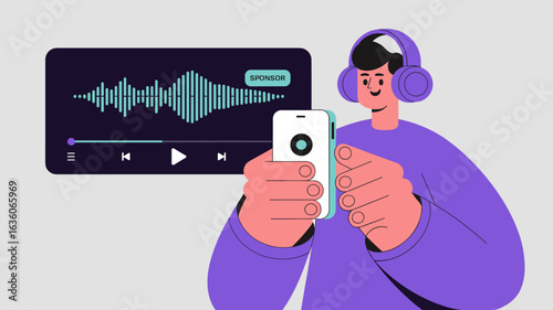 listener with headphones holding phone with podcast app vector illustration