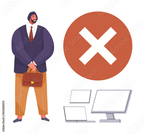 Man in formal attire holding a briefcase, large red cross sign, disconnected laptop, desktop, tablet, and monitor. Ideal for failure, rejection, disconnection error technology issues business