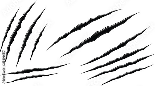 Animal claw scratch marks, wild predator attack slashes, sharp dangerous beast tearing, realistic vector ripped skin effect, hunting damage design illustration