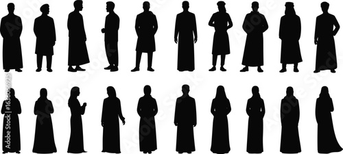 Silhouettes of muslim men and women, traditional clothing, standing pose, islamic dress, arabic culture, modest fashion, flat vector illustration