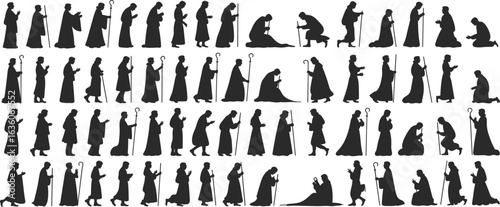 Silhouettes of praying people, religious figures, kneeling with staff, worship scene, spiritual moment, Christian clergy, flat vector, devotion posture
