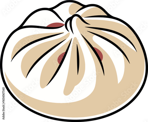 Delicious Steamed Asian Dumpling with Beige White and Black Outlines.