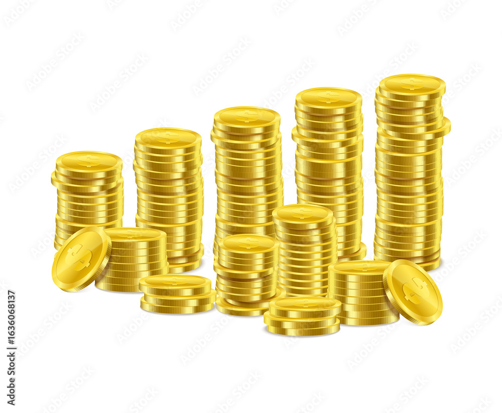Stacks of golden coins, growing on top against isolated on transparent or white background, png Stacks of golden coins, growing on top against isolated on transparent or white background, png
