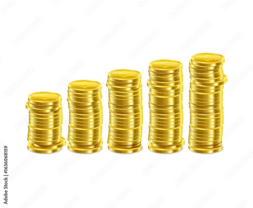Stacks of golden coins, growing on top against isolated on transparent or white background, png Stacks of golden coins, growing on top against isolated on transparent or white background, png