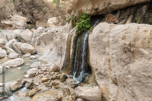 Small  waterfalls flow down the mountain wall in Arugot Stream Nature Reserve near Dead Sea in southern Israel