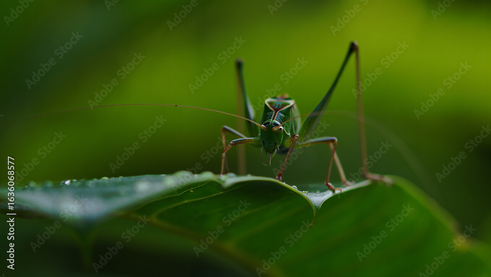 Fototapeta premium Close up of a green grasshopper on a leaf