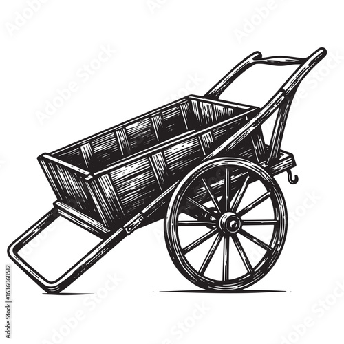 Rustic engraved illustration of a vintage wheelbarrow on a white isolated background