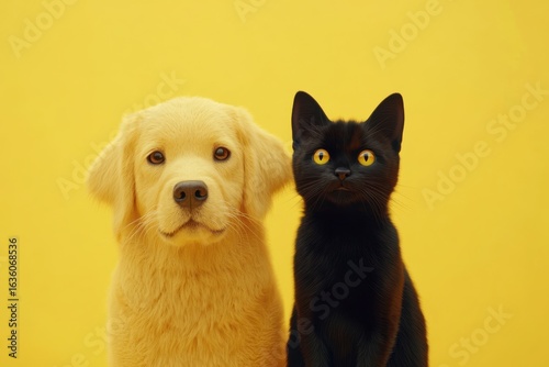 A golden retriever and black cat on yellow background
