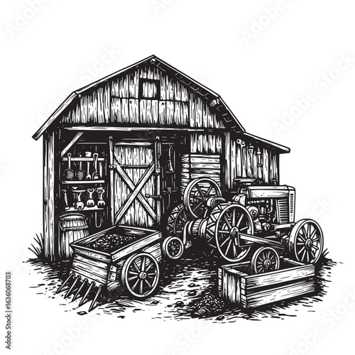 Rustic farm barn and tractor illustration depicting vintage farming and agriculture theme