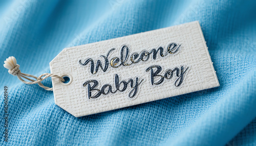 A white tag that says “Welcome Baby Boy” on a grayish fabric, 32K Resolution