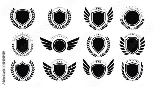 Twelve Black Emblem and Badge Silhouettes with Wings and Laurel Wreaths on White Background crest shield