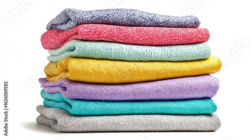 Neatly Stacked Clean Laundry Apparel Isolated on White Background