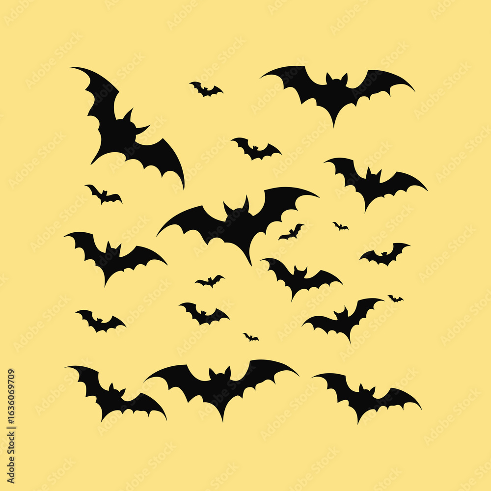 Obraz premium A Collection of Black Bats Silhouetted Against a CreamColored Sky