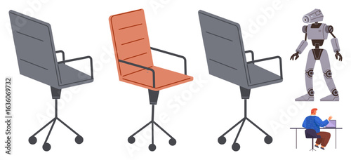 Office chairs in row including one highlighted, futuristic robot, individual using computer at desk. Ideal for career, automation, change, tech future, innovation progress workforce. Simple flat