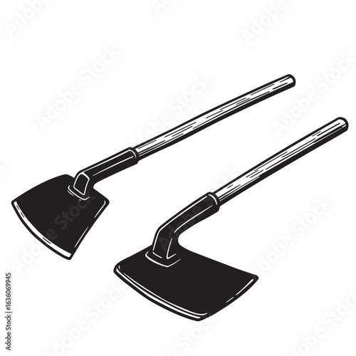 Two detailed black and white illustration of hand hoe gardening tools isolated on white