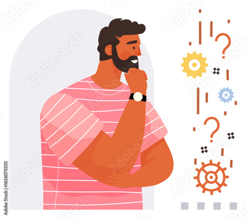 Man with hand on chin, contemplating next steps. Gears, question marks represent problem-solving, critical thinking. Ideal for planning, decision-making, strategy, creativity innovation