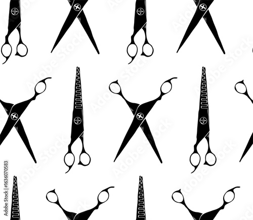 Scissors Hair Salon seamless pattern. Vector graphic line ink illustration. Barber shop or tailor theme in vintage colors. hairdressing scissors. Sewing background and cloth design.