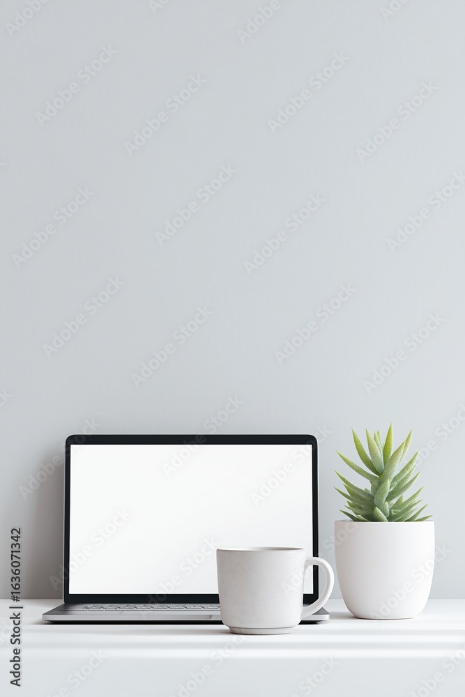 Obraz premium Laptop, mug, and succulent plant on white table. Minimalist workspace with empty screen
