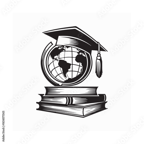 Education Concept Vector of Globe with Graduation Cap on Stack of Books