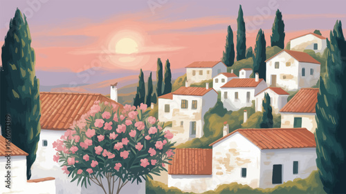 Mediterranean Hillside Village at Sunset with White Houses, Red Roofs, Cypress Trees, Pink Blossoms, and Serene Natural Beauty