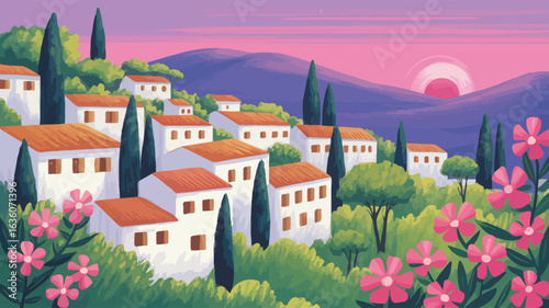 Scenic Mediterranean Village with White Houses, Red Roofs, Cypress Trees, Rolling Hills, and Sunset Sky in Serene Rural Landscape