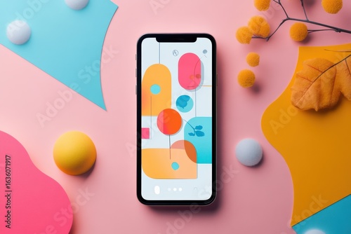 A phone with colorful shapes on a pink background