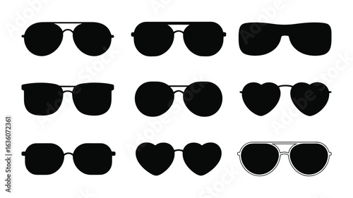 Assortment of Black Silhouette Sunglasses Styles on White Background eyewear spectacles