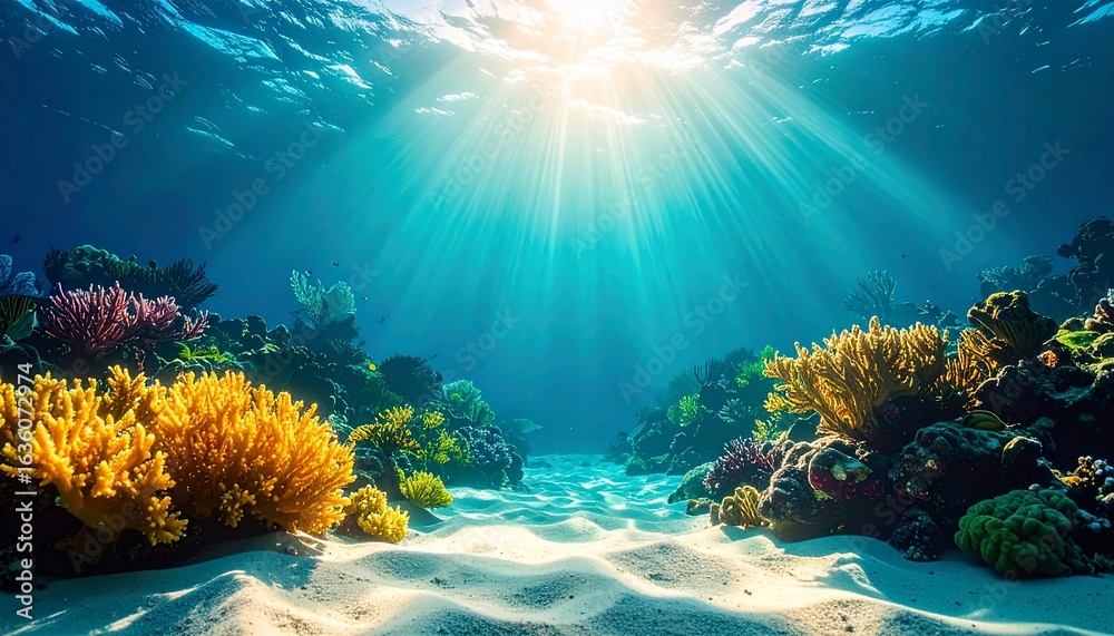 Fototapeta premium Underwater Coral Reef Paradise: Sunbeams Illuminate Vibrant Marine Life
