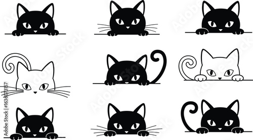 Cute black and white cat silhouettes, peeking kittens, cartoon feline vector art, adorable pet illustration, whiskers, paws, tails, playful animal design